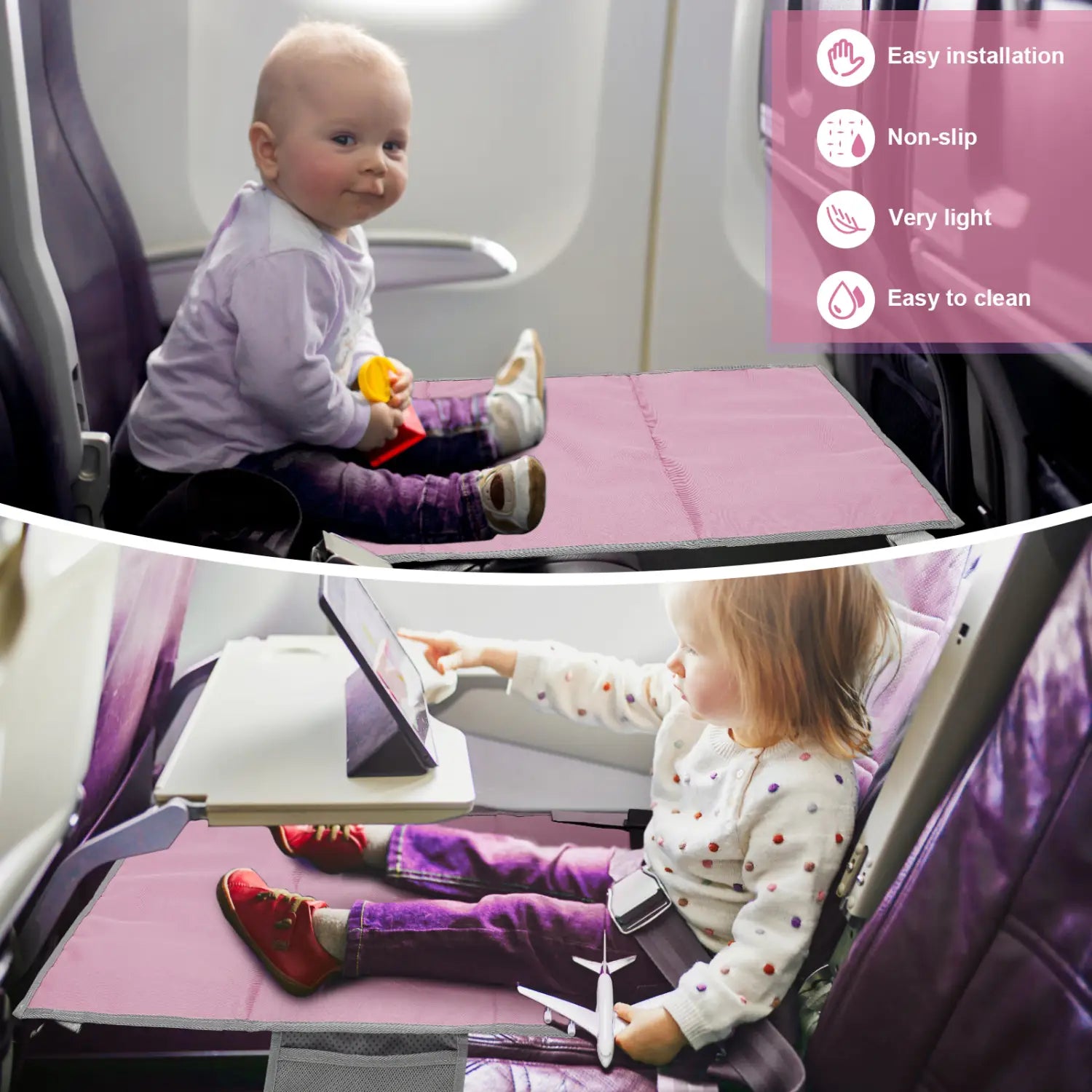 Rosa Trittbrett-Erweiterung für den Kinderflugzeugsitz als Reise-Fußstütze mit rutschfester Oberfläche und leicht zu reinigender Stoffablage als Tischmatte.