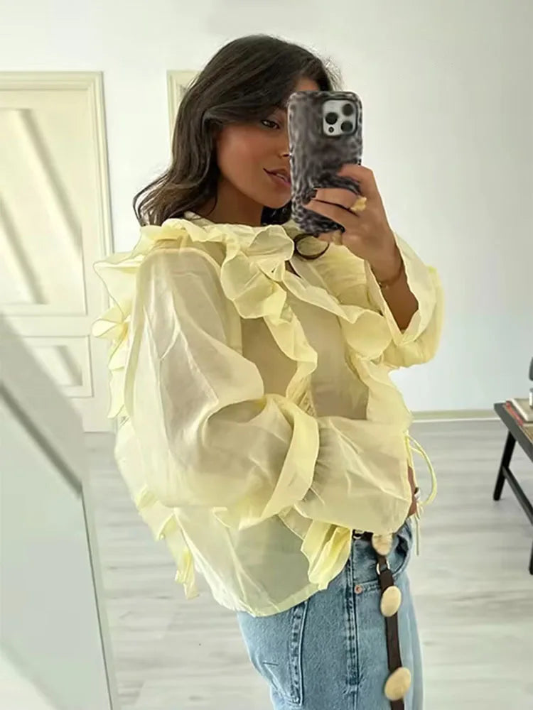 HH Woman's New Fashion Chic Blouses Yellow V-Neck Long Sleeves Bow Lace-Up Decoration Female Summer Casual Slim Shirts