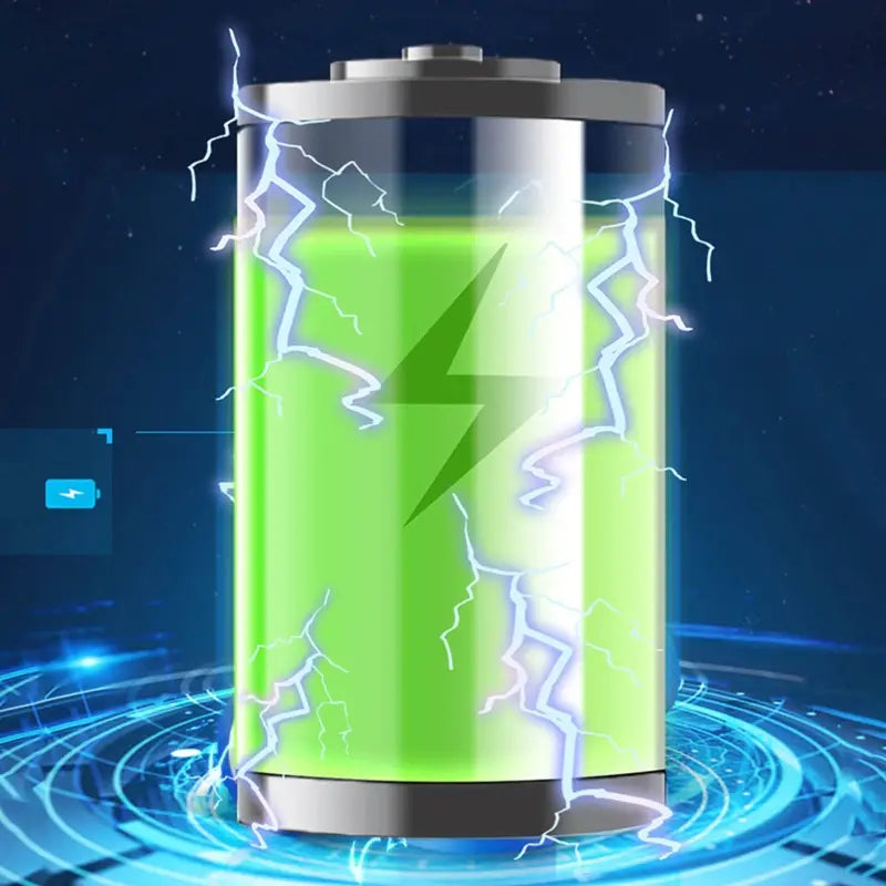 A glowing green cylindrical battery with a silver top and bottom featuring white lightning bolts and a central lightning symbol used in the package includes for a high quality remote control helicopter toy.