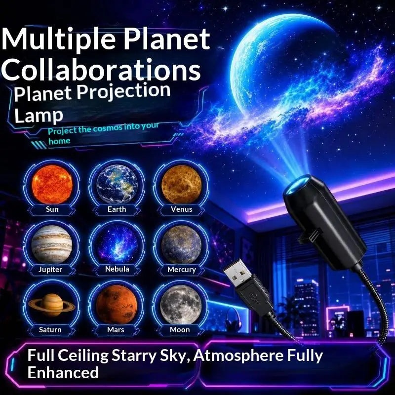 black usb-powered star galaxy projection lamp with metal gooseneck designed as a night light to project celestial bodies like the sun and earth onto ceilings.