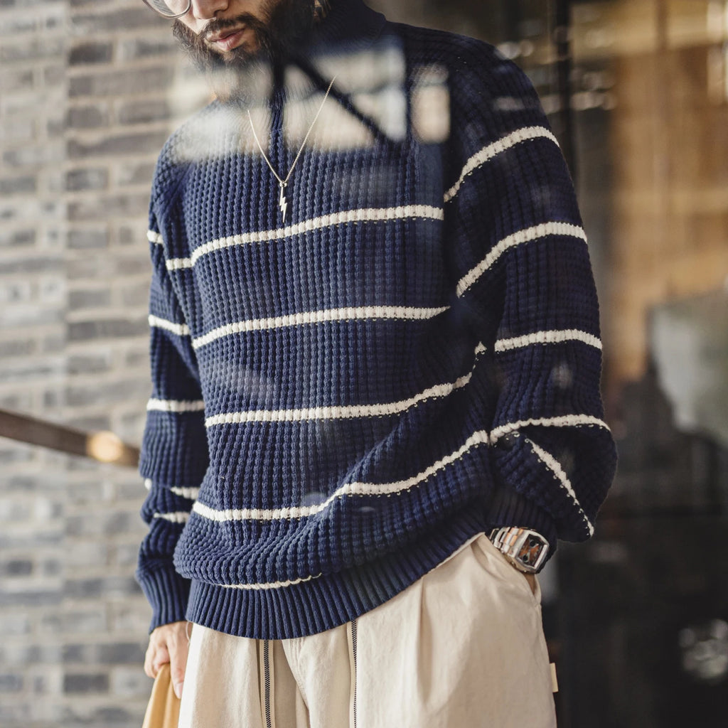 Maden Men’s Thick Turtleneck Knit Sweater Winter Warm Striped Pullover Retro Style Layering Soft Knitwear