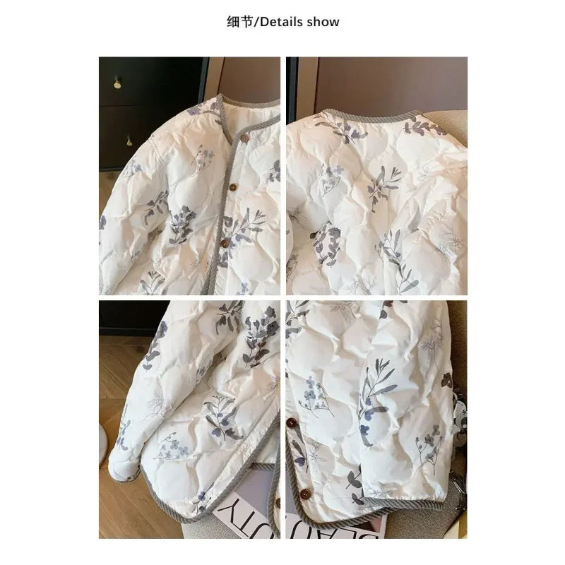 Corduroy Edging Padded Cotton Winter Coat for Women Aesthetic Y2K Floral Printed Elegant Bomber Jacket Korean Fashion Streetwear