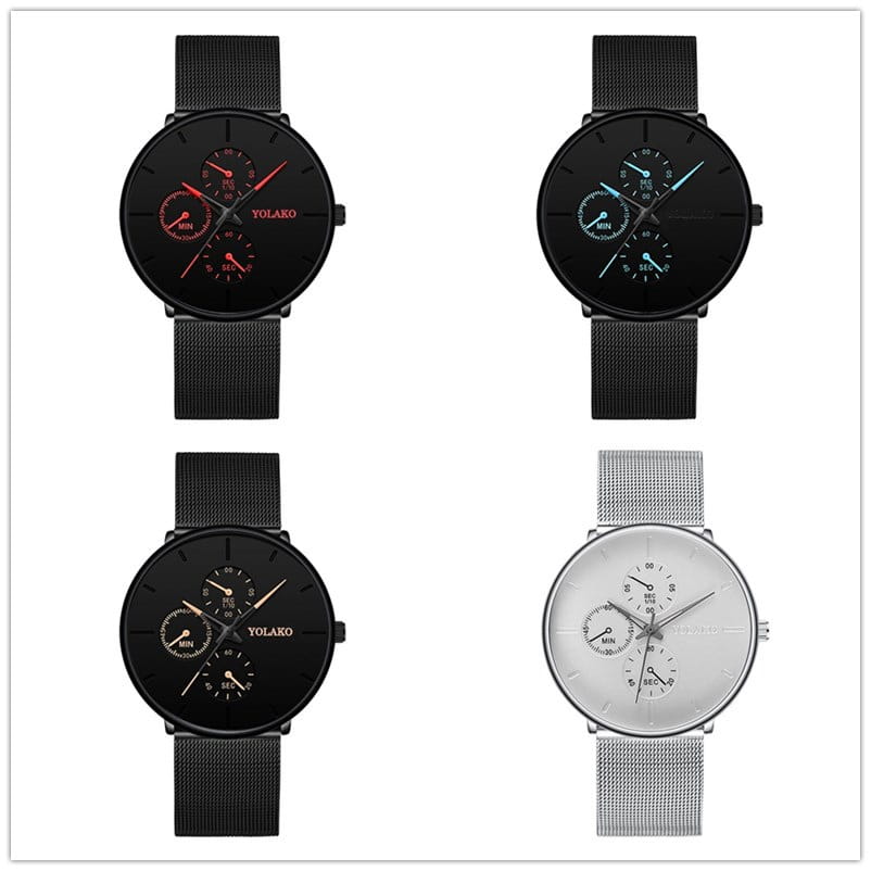 Montre à quartz à maille noire ultrafine pour hommes, avec des cadrans chronographe Yolako noir et argent, des affichages multi-cadrans et des bracelets en maille.