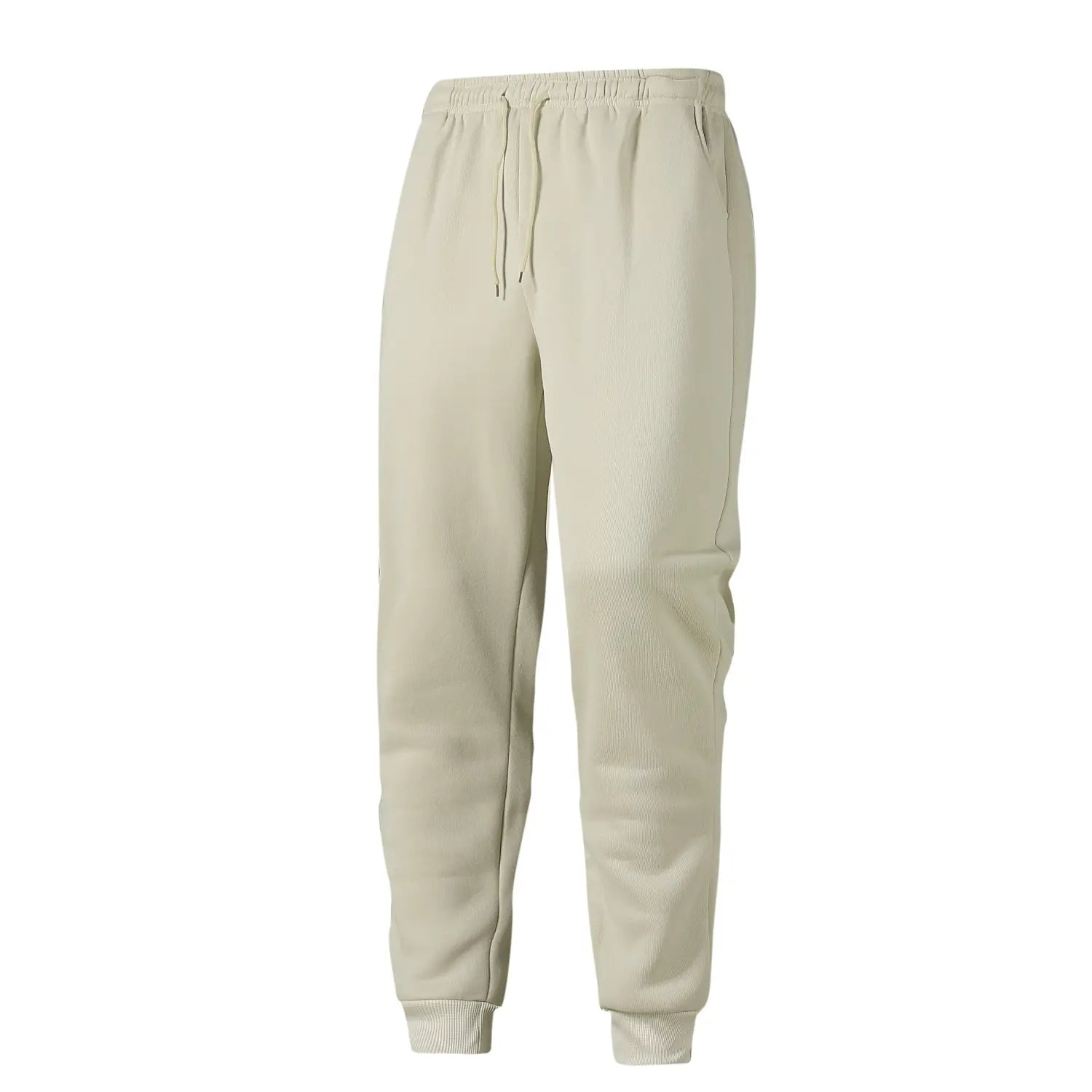 Joggers en polaire beige pour hommes Puma, avec taille élastique, cordon de serrage et poignets côtelés pour un port décontracté.