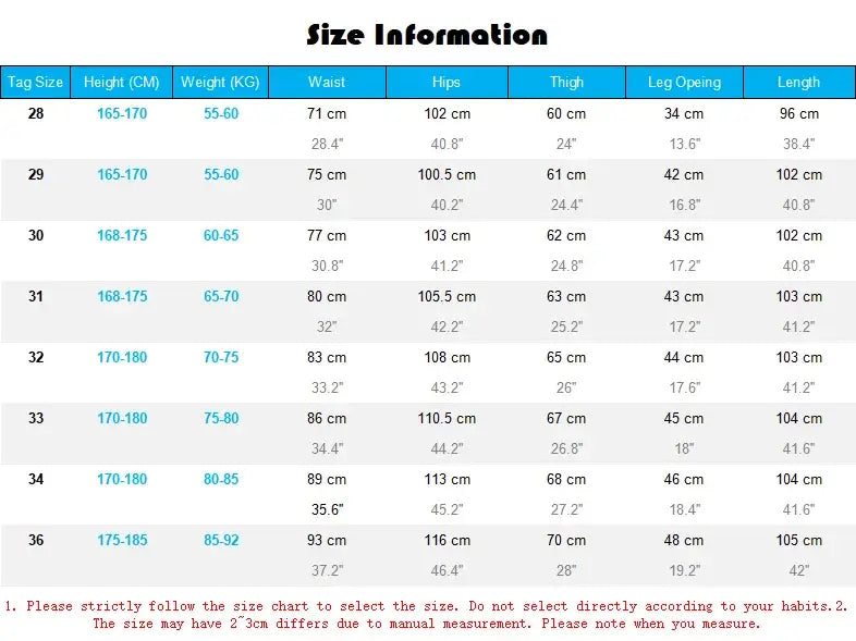 Size information chart for heavyweight red selvedge denim jeans displaying garment measurements in centimeters and inches across various tag sizes.