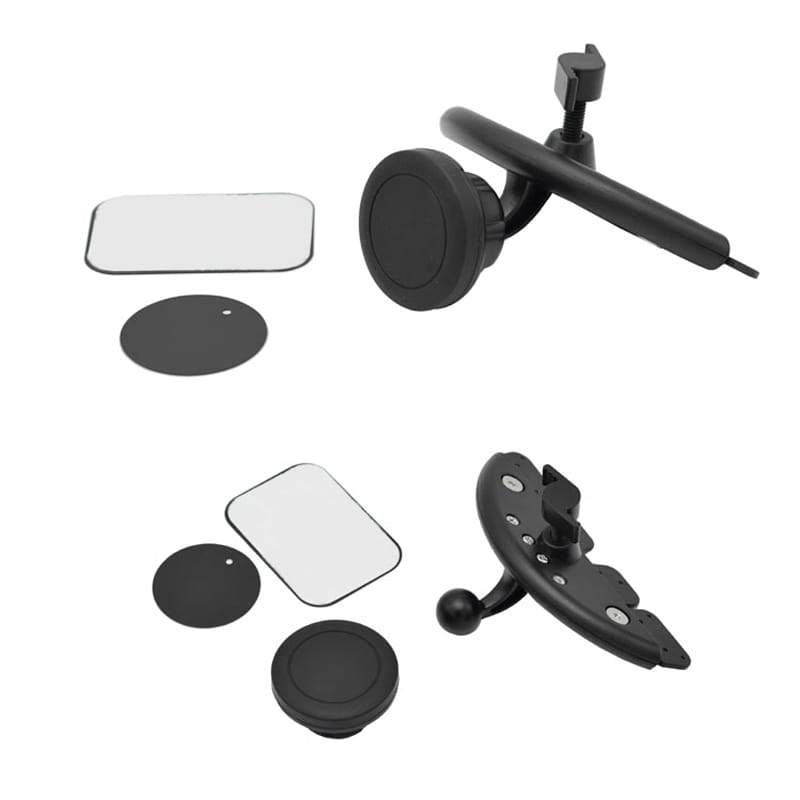 black magnetic cd slot car phone mount with adjustable arm and suction cup base designed for mini gps and iphone use