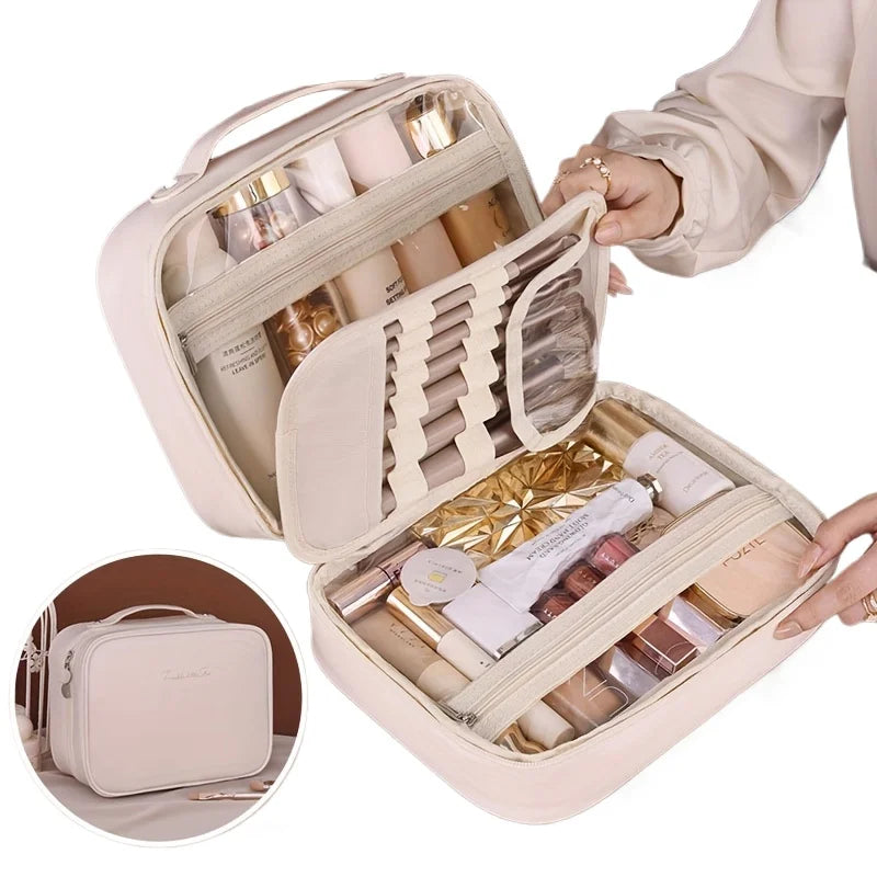 Spacious Double-Layer Travel Makeup Bag Durable Faux Leather with Clear Compartments Storage Bag for Women's Beauty Essentials