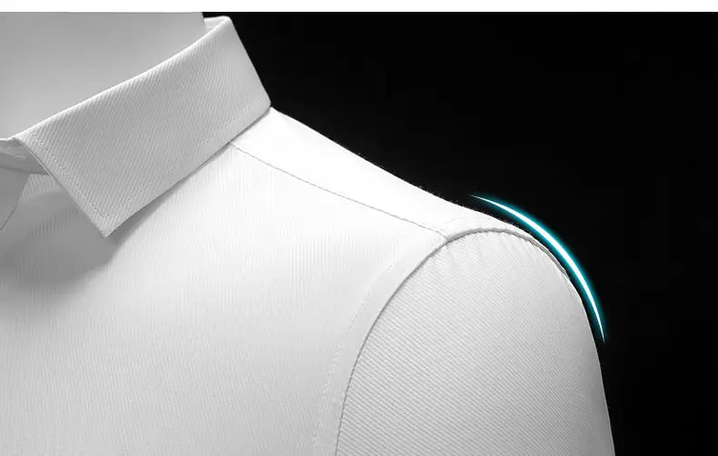 Men plus size cotton long sleeve formal dress shirt in white featuring textured fabric with a clean collar and shoulder seam highlighted by a glowing blue light effect.