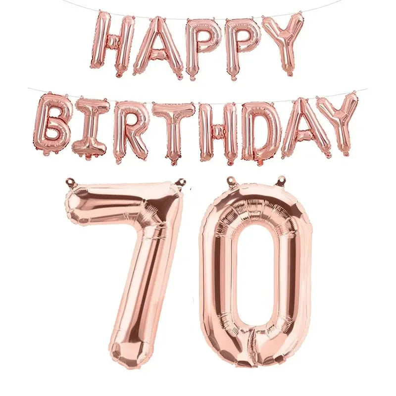 Ensemble de ballons or rose numérotés pour anniversaire comprenant une bannière de ballons en feuille or rose avec un éclat métallique et des formes de lettres gonflées épelant « Joyeux anniversaire 70 ».