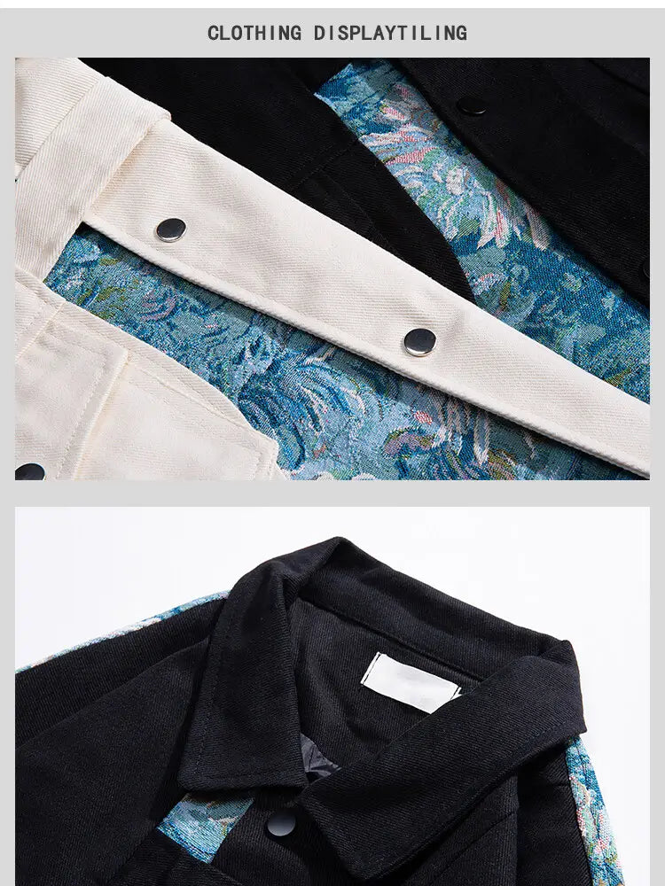 Bomberjacke im Streetwear-Stil mit floraler Stickerei; schwarzes und blaues florales Muster mit kontrastierendem weißem Kragen und Knopfdetaillierung.