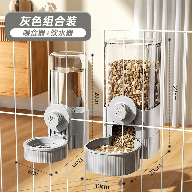 gray pet feeder and water dispenser combo with transparent cylindrical containers and gray plastic bases featuring paw print knobs designed as a water dispenser feeder for cage mounting