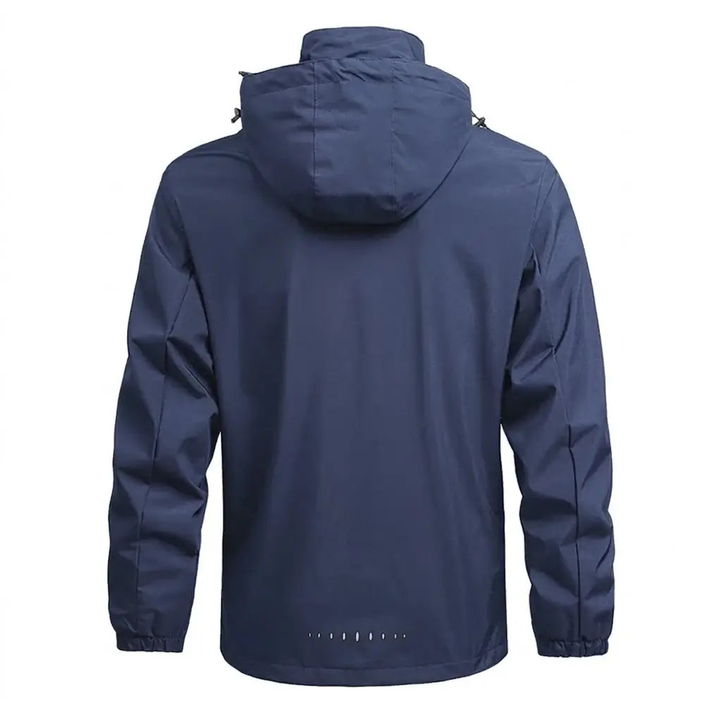 Navy blue waterproof hooded men waterproof hiking jacket windbreaker outdoor hooded coat with elastic cuffs and hem shown from the back side.