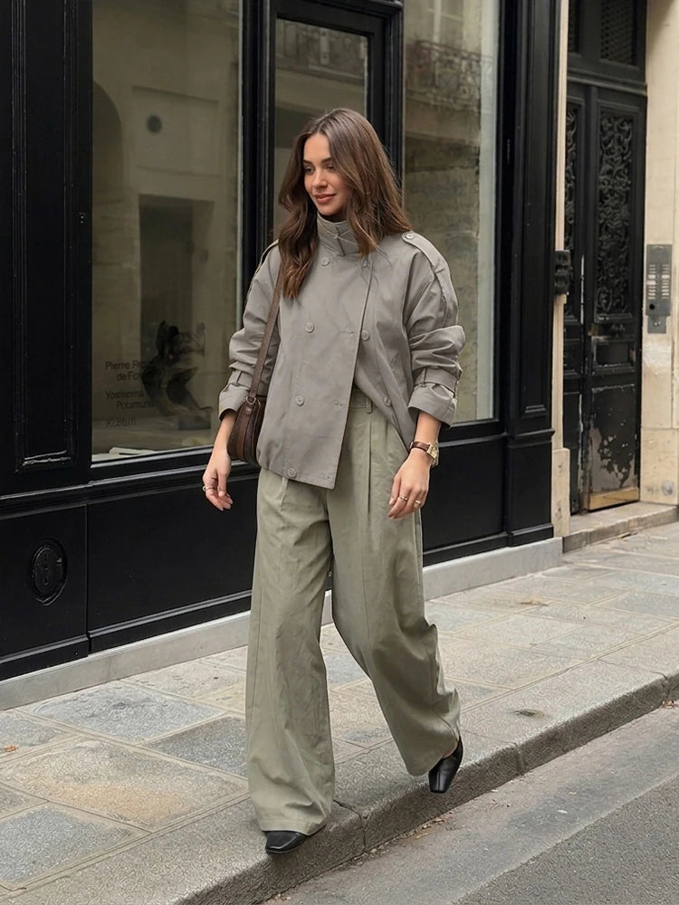 Women Relaxed Fit Short Utility Trench Jacket High Funnel Neck Epaulet Design Double Breasted Cropped Coat Commuter Outerwear