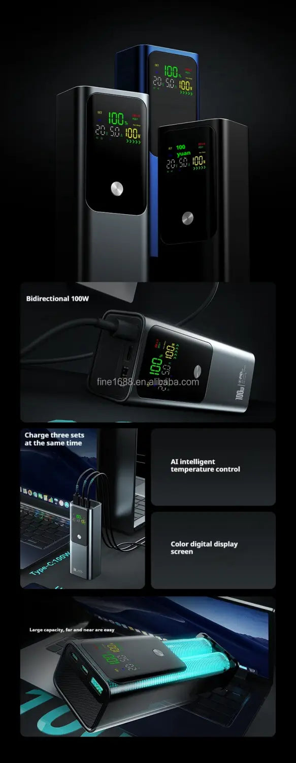 Black rectangular 100w 20000mah laptop power bank fast charger with a digital display showing battery percentage and temperature and multiple usb ports for simultaneous charging.