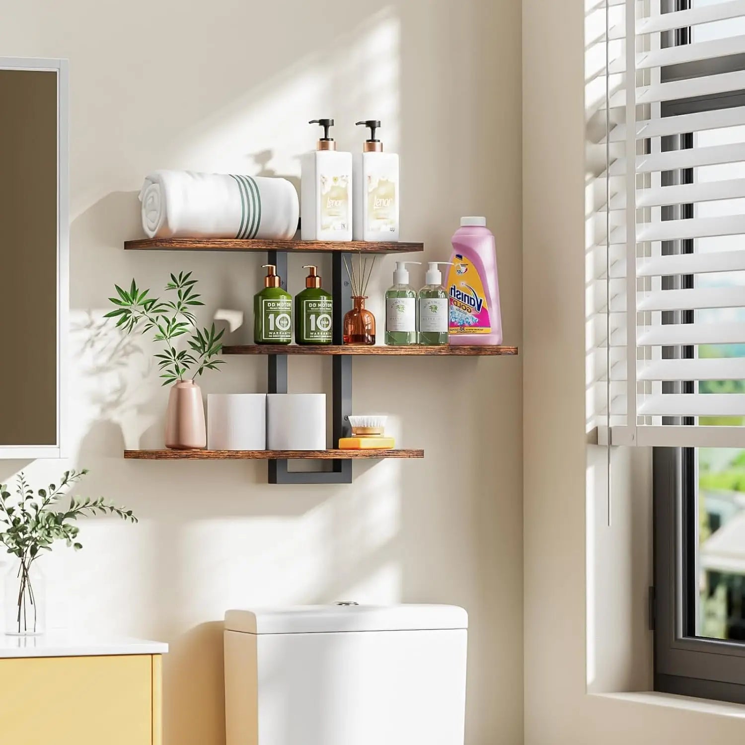 three-tiered wooden floating shelves with black metal brackets for wall decor and adjustable storage