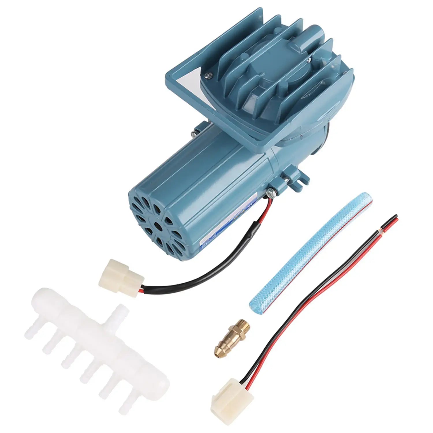Blue plastic 12v 35w air pump with attached tubing and electrical wires designed for fish pond and aquarium aeration.