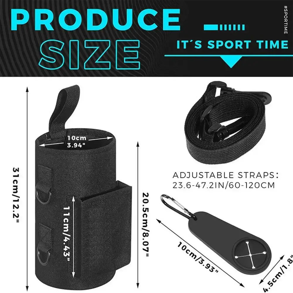 Sangle porte-bouteille d’eau de sport magnétique cylindrique noire avec sangles réglables et un clip mousqueton conçu pour la pratique sportive.