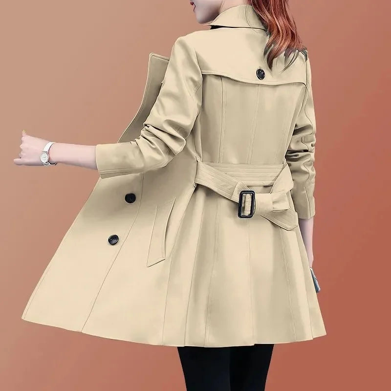 2025 New Trench Coat Midi Length Fashion Korean Elegant Khaki Black Loose Women's Windbreaker Coat Casual Double Breasted Tops