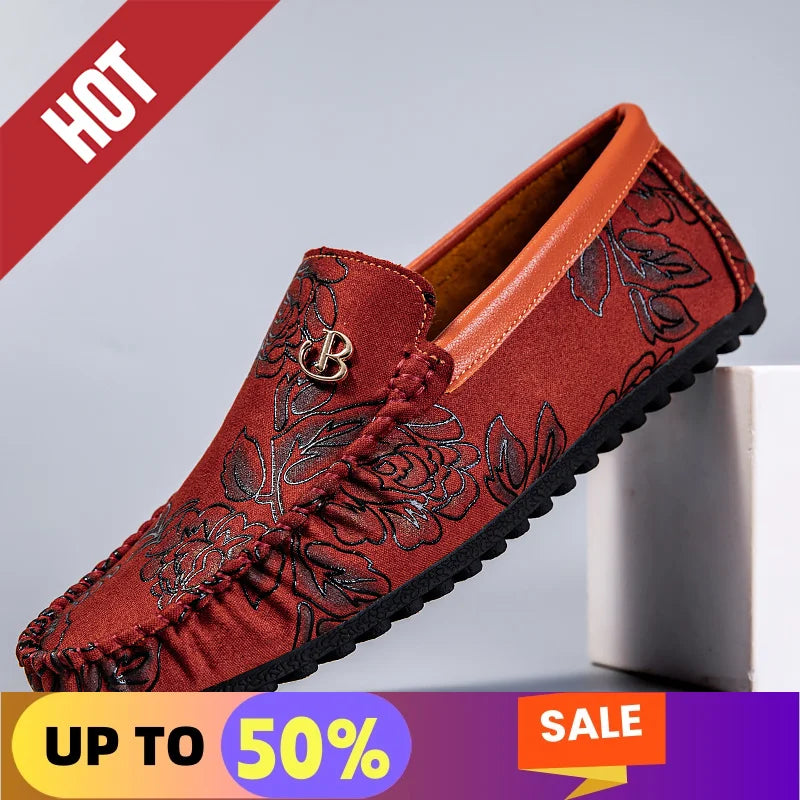 Leisure Leather Loafers Men Design Moccasin Flower Slip On Soft Flat Casual Men Shoes Driving Male Footwear Handmade Boat Shoes