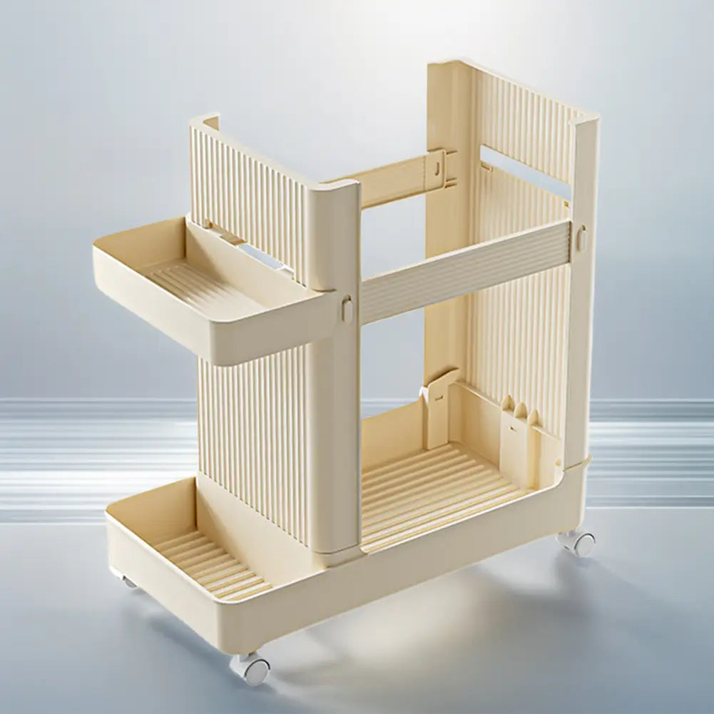 Beige plastic gym equipment organizer trolley with two ribbed shelves and wheels for easy mobility.