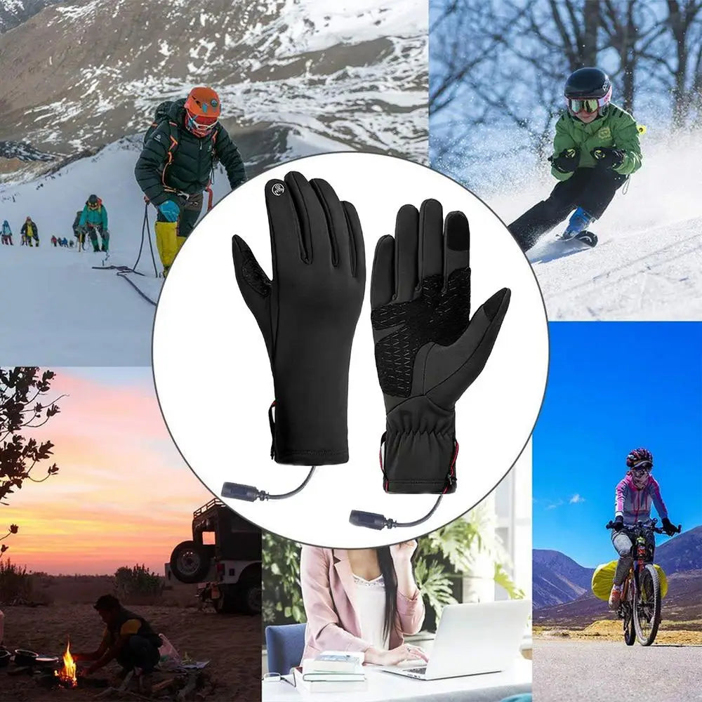 Gants d’hiver chauffants USB noirs pour femmes, avec une fonction écran tactile étanche et un design élégant et durable, avec un discret surpiquage accent rouge, présentés de l’arrière.