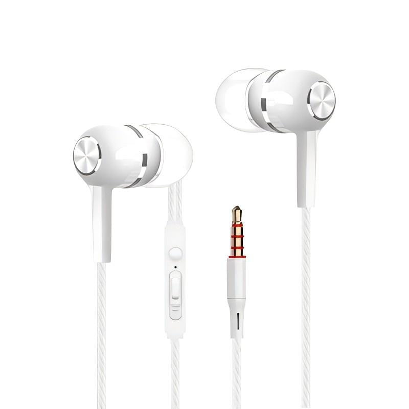 Weiße In-Ear-Kopfhörer mit silberfarbenen metallischen Akzenten und 3,5-mm-Audiobuchse mit einem Inline-Steuermodul für die Mikrofonnutzung.
