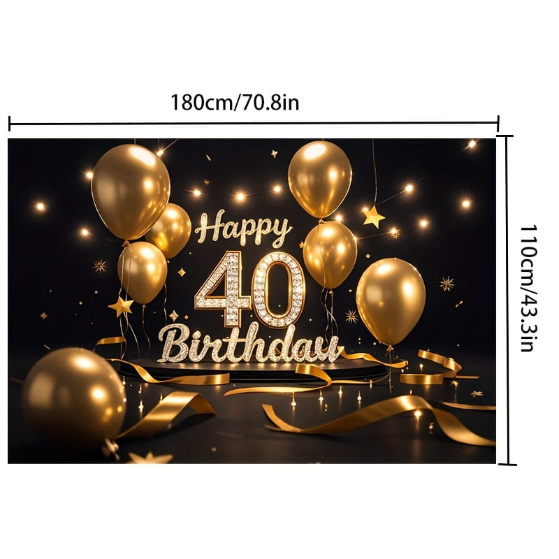 black gold glitter photography backdrop featuring a gold metallic balloon-themed 40th birthday design with sparkling happy 40 birthday text and festive ribbons.