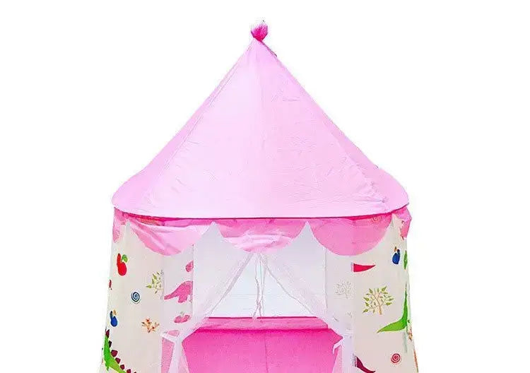 Tente de jeu pliable portable pour enfants au thème de princesse rose, avec toit conique, bords festonnés et impressions colorées de dinosaures en style dessin animé, conçue comme un château ludique.