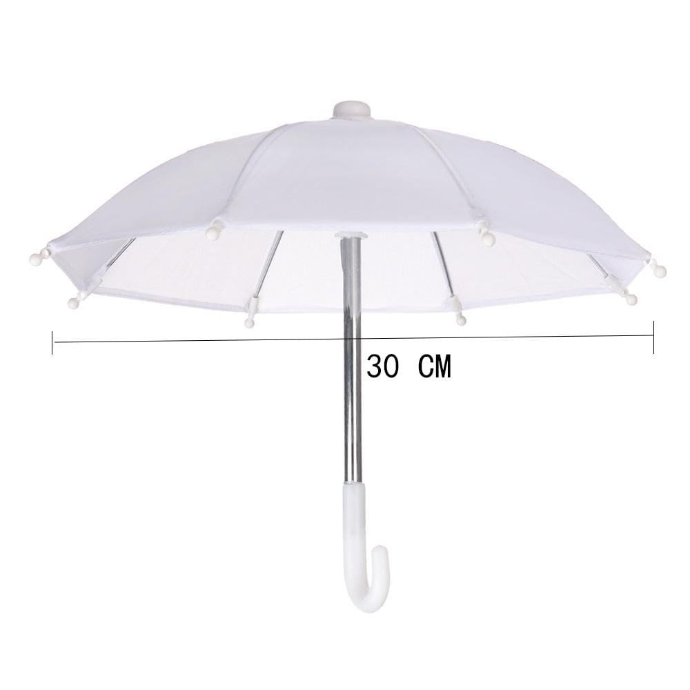Mini doll umbrella bjd accessories featuring a white 30 cm miniature umbrella with a silver shaft and a curved white handle.