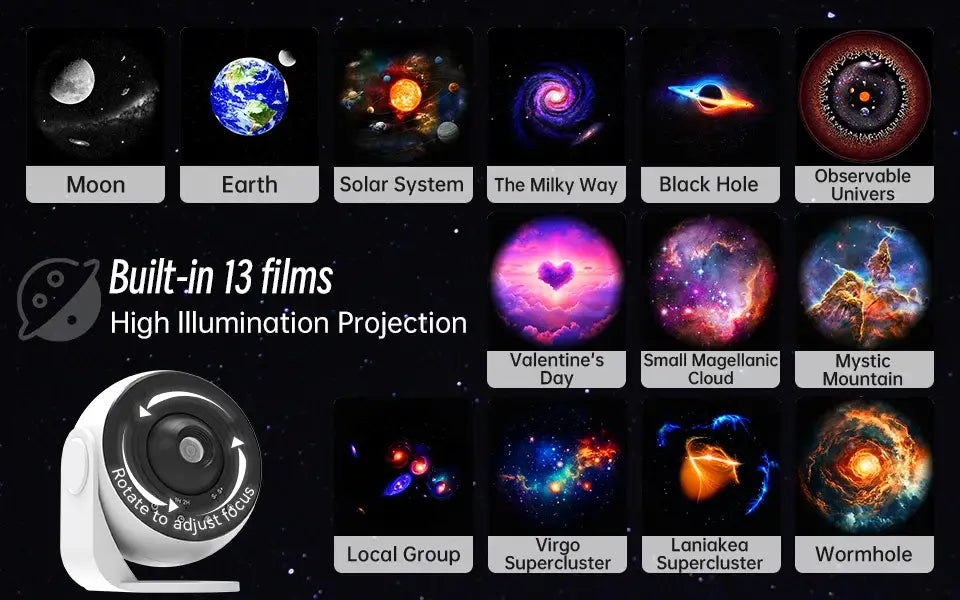 Weißer, runder Galaxy-Projektor „Pro“ mit rotierender Linse, ausgelegt für eine hohe Ausleuchtung bei der Projektion und mit Funktion für weißes Rauschen, dargestellt aus einer frontalen Perspektive