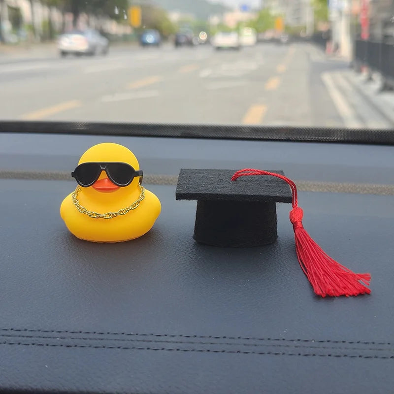 Graduation Hat Yellow Rubber Duck Car Dashboard Decoration with Tassel Sunglasses Gold Chain Graduation Season Gift Ornament