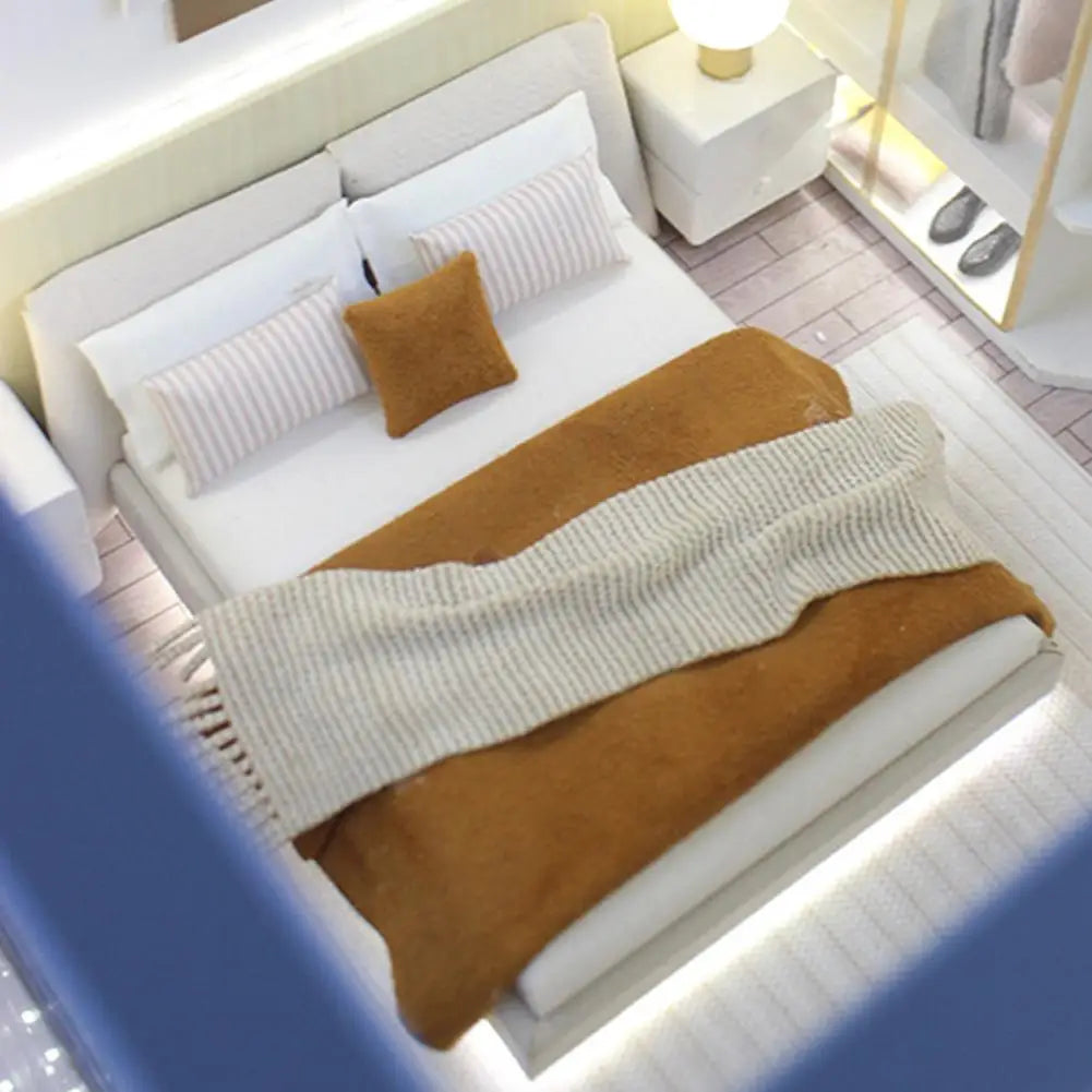 Bedroom Miniature Double Bed And Beddings New Cream Style Miniature Furniture Realistic Modern Interior Design Room Scene