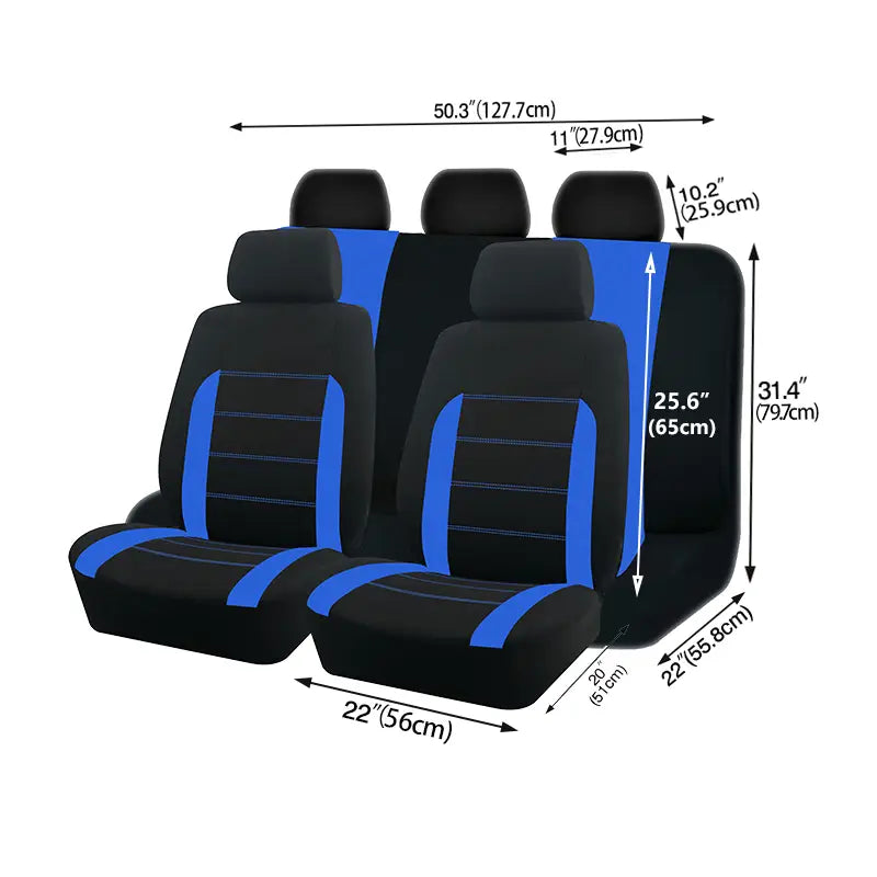 Juego completo de fundas universales para asiento de automóvil en negro y color canela, con fundas negras y azules que incorporan costuras contrastantes para mejorar el estilo y la protección.
