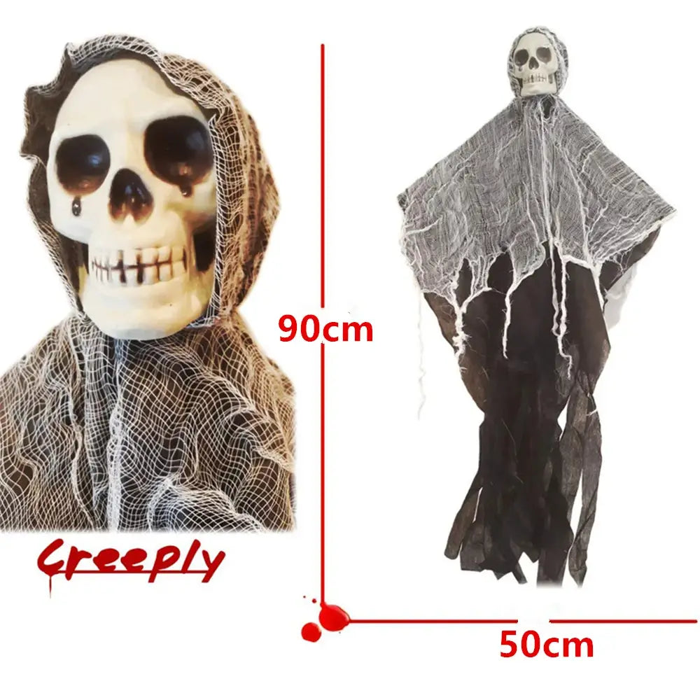 creepy 90cm tall hanging skeleton figure with white skull black eye sockets and droplets draped in a tattered grey fabric hooded robe covered in fake spiderweb designed as horror props halloween decoration for props halloween party.