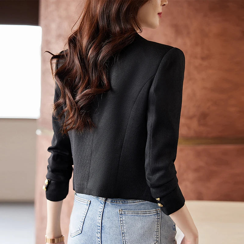 Women Double‑Breasted Short Blazer Jacket Long Sleeve Gold Buttons Slim Cropped Suit Coat Ladies Office Business Casual Black Ou