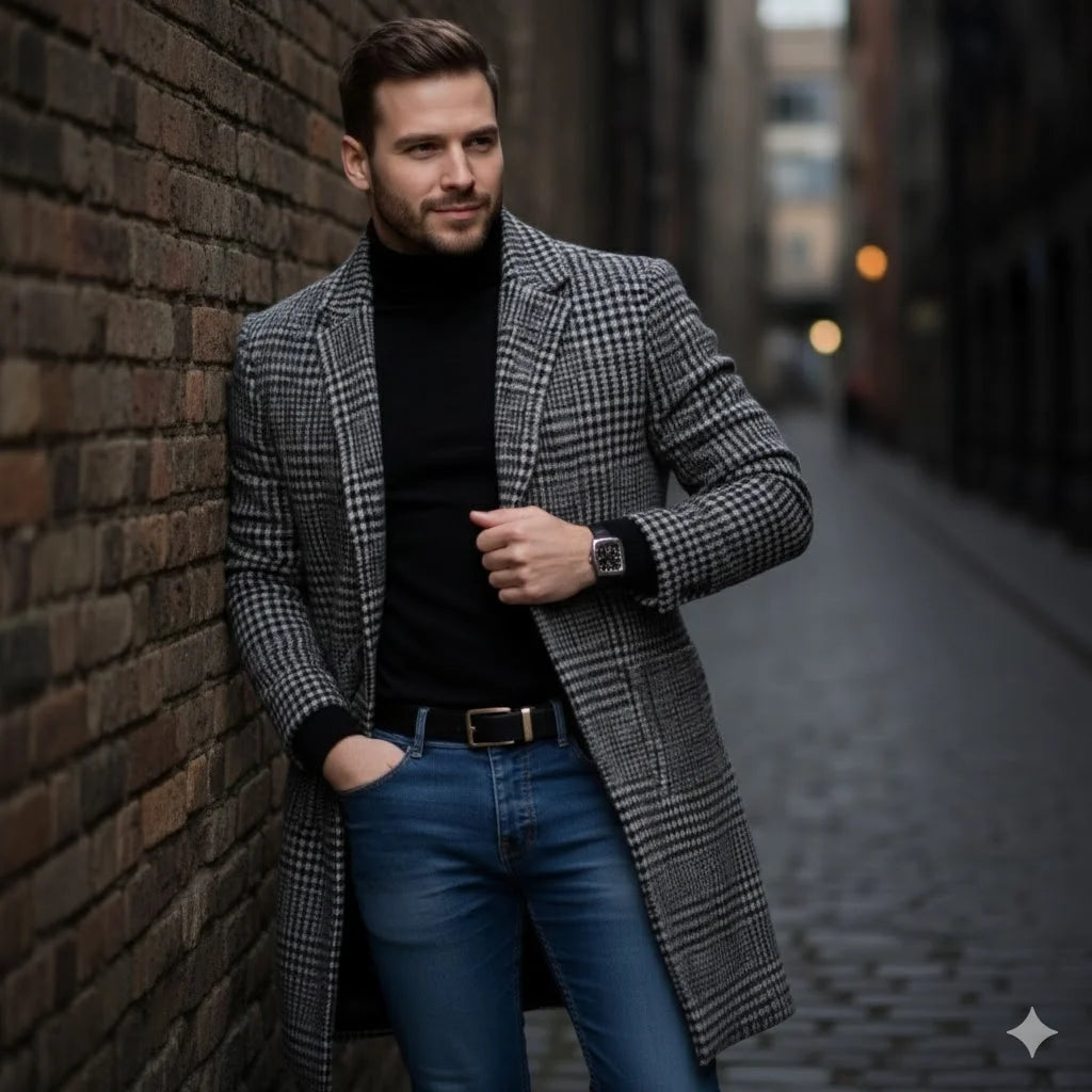 Men's Single Breasted Woolen Blend Trench Coat, Stripes Long Warm Windproof Jacket for Autumn, Classic Solid Color Outerwear