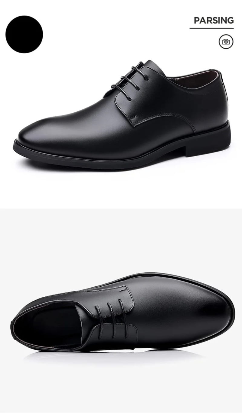 Herren-Oxford-Kleiderschuhe aus weißem Leder, dargestellt als schwarze Herrenkleiderschuhe aus Leder mit poliertem Finish und klassischem Schnürdesign.