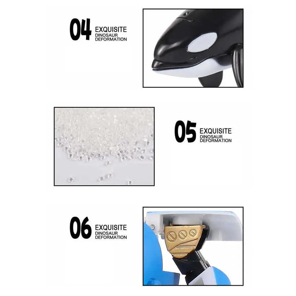 Black and white plastic orca figurine with a glossy finish featured as part of shark transforming robot toy finished goods.