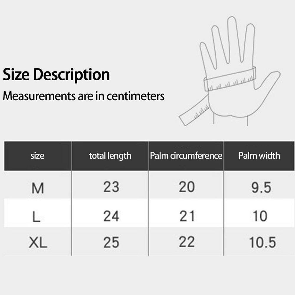 Tableau des tailles pour gants d’hiver chauffants USB pour femmes, écran tactile étanche, affichant les mesures des gants en centimètres pour les tailles M, L et XL.