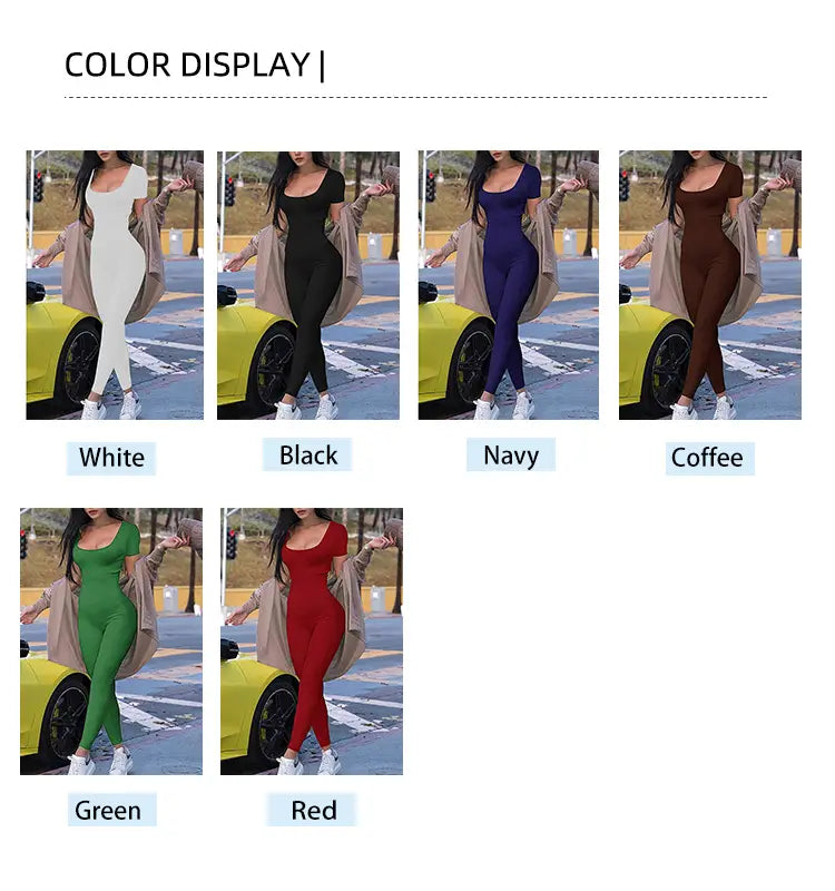 Mono jumpsuit ajustado de manga corta para mujer, negro, tipo bodycon, de cintura alta, disponible en colores blanco, negro, azul marino, café, verde y rojo.