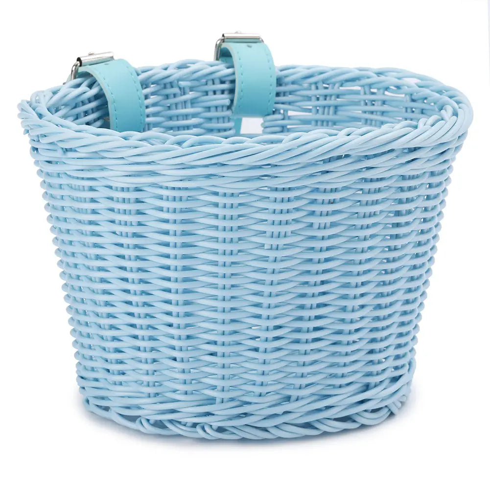 Light blue woven kids bicycle basket with matching leather straps and metal buckles designed for secure attachment.