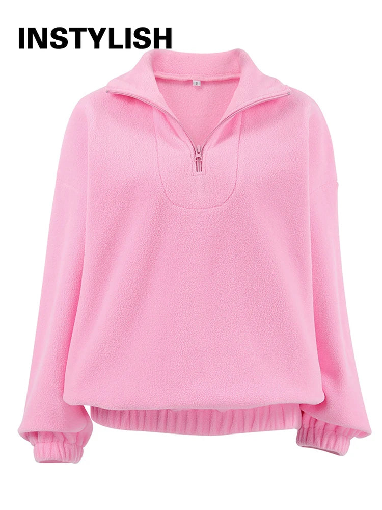 Women Autumn Winter Fleece Hoodies Elegant Stand Collar Zipper Loose Sweatshirt Elegant Solid Pullover Casual Top Streetwear