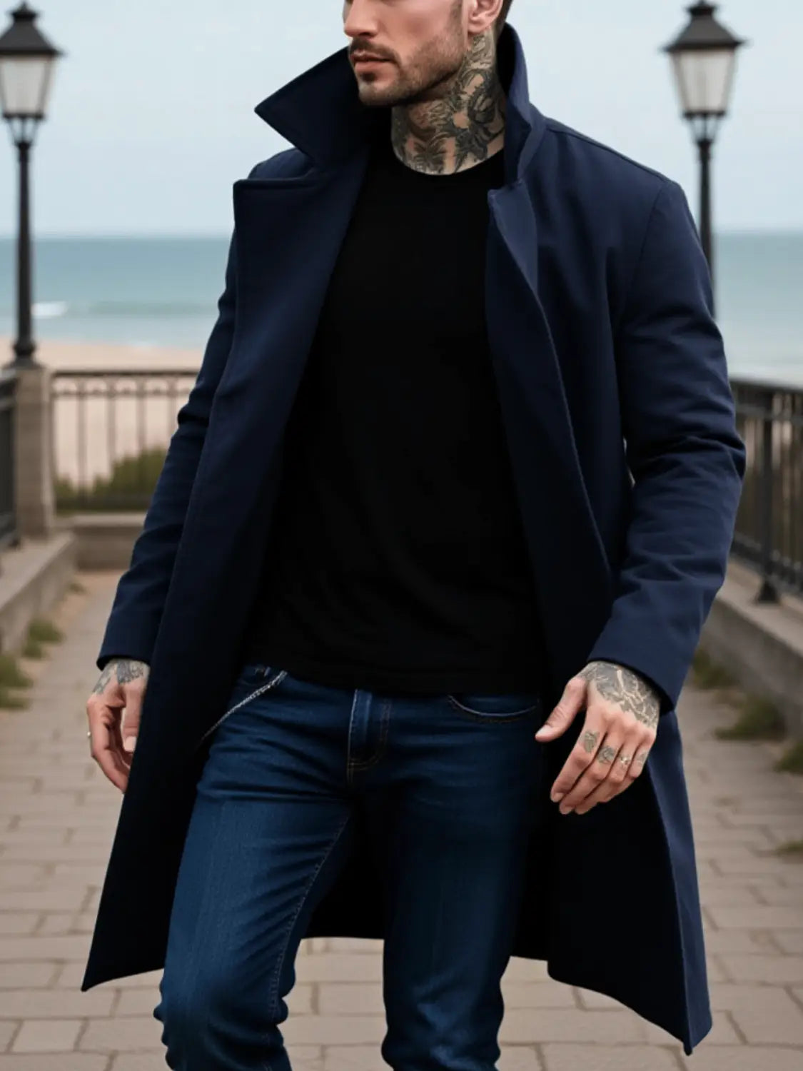 Abrigo para hombre de doble botonadura en lana azul marino con cuello alto y corte elegante y entallado, diseñado para su uso en invierno.