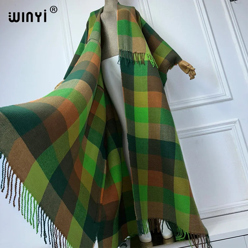 WINYI winter african dresses for woman Plaid print Pleated long down Cardigan kaftan autumn tassels kimono abaya evening dress
