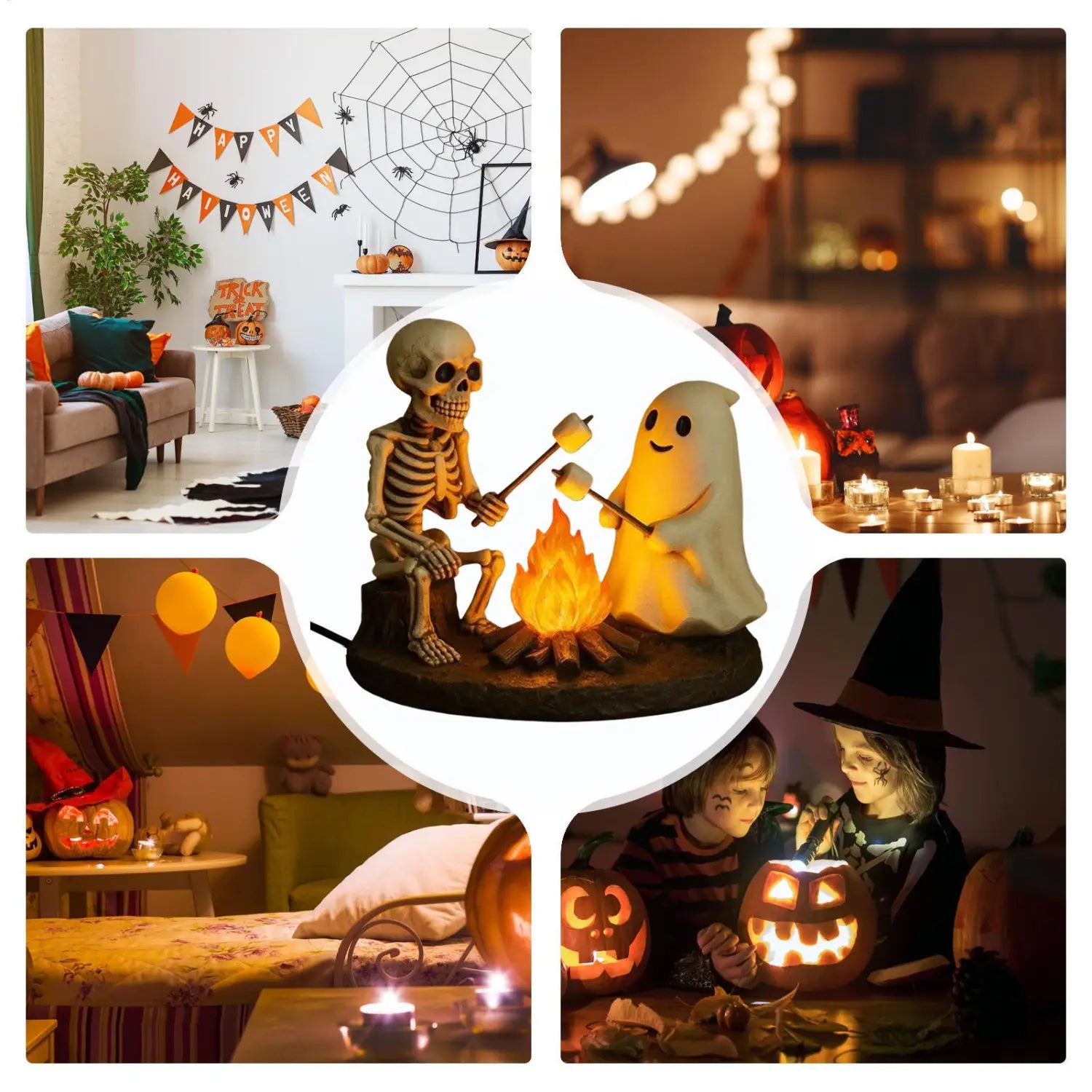 une lanterne de nuit de feu de camp fantomatique brillante avec un fantôme squelette blanc et une figurine de fantôme translucide rôtissant des guimauves près d’un feu de camp chaud qui vacille, dans un style de décoration d’Halloween