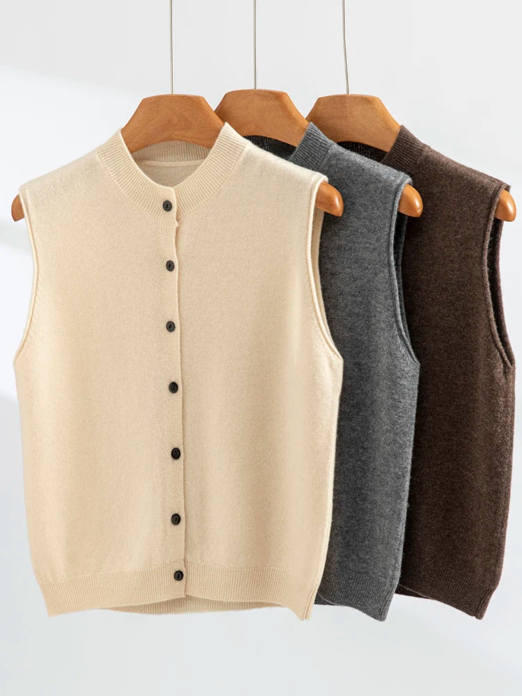 2025 New Women Wool Vest O-neck Sleeveless Cardigan Soft Simple Style Cashmere Sweater 100% Merino Wool Knitwear Waistcoat Tops