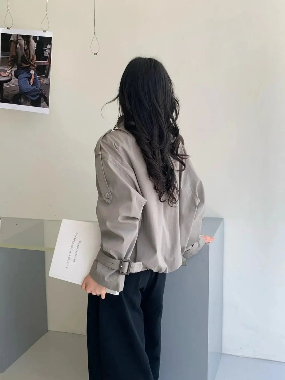 Women Relaxed Fit Short Utility Trench Jacket High Funnel Neck Epaulet Design Double Breasted Cropped Coat Commuter Outerwear