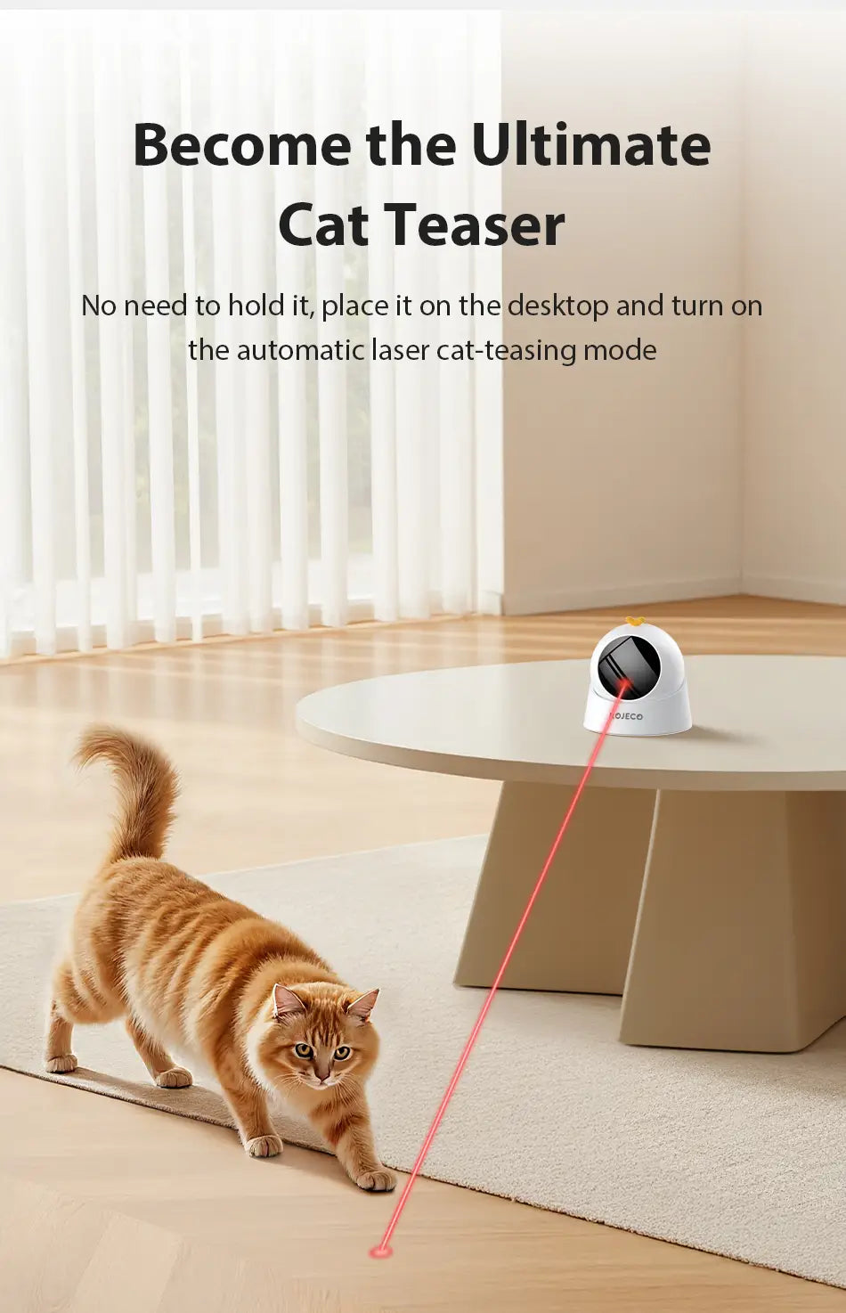 white plastic interactive laser cat toy with a red laser pointer and black lens shown from front angle
