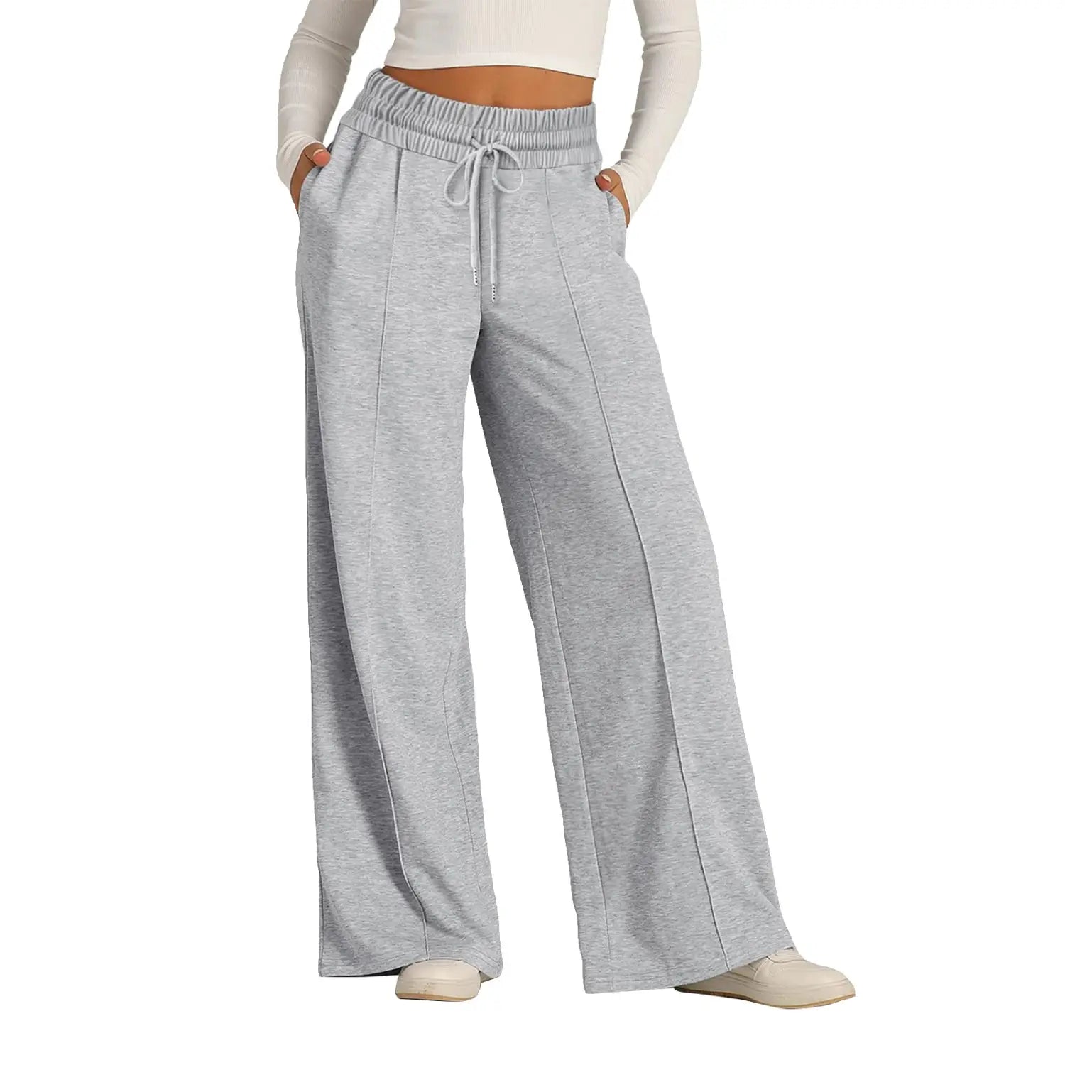 Women’s wide leg fleece lined sweatpants in gray heathered pattern with elastic waistband and matching drawstring.