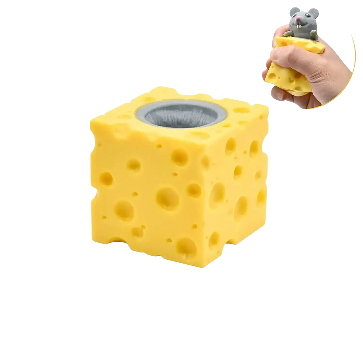 Yellow cheese-shaped squeeze cheese stress reliever with gray mouse peeking out front view cheese mouse cup